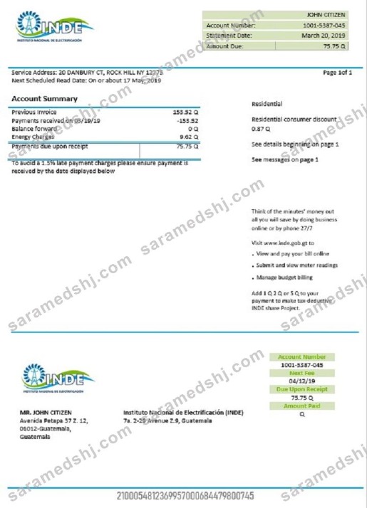 Guatemala INDE Instituto Nacional de Electrificación electricity utility bill
